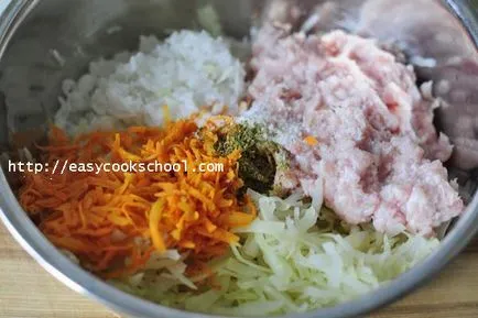 Lusta káposzta recept fotókkal lépésről lépésre egy serpenyőben a rizs és a darált húst, egyszerű receptek