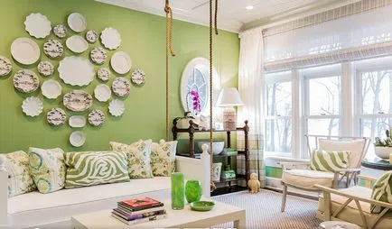 culoarea verde oliv în interiorul camera de zi, bucătărie, dormitor și alte camere este o combinație de diferite