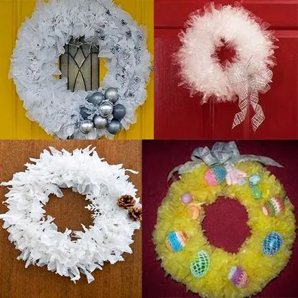 Műanyagból készült zacskók kezükben virágok, koszorú, karácsonyfa, kakas, fotó és videó