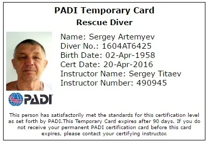 Certificate padi, NDL bizonyítvány tanúsítások búvár PADI és NDL
