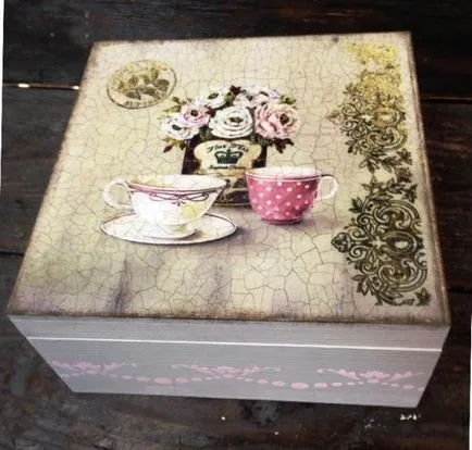 Decoupage doboz tea! Munkavégzés a kétlépcsős nyomtatás és craquelure! Fair mesterek - manuális