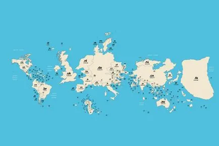 Карта, в които размерът на страната зависи от популярността на техните имена на домейни