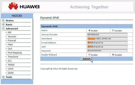 Dinamikus DNS beállítás (DDNS) ADSL modem Huawei hg530 Ukrtelecom