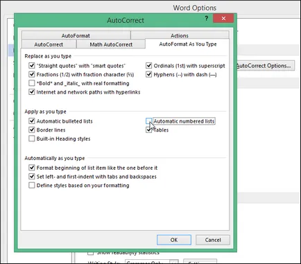 Hogyan lehet letiltani az automatikus létrehozását számozott listák szó 2013