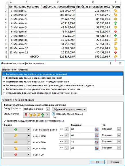 Cum de a face săgeți în celule de Excel și alte estimări ale valorii pictograme