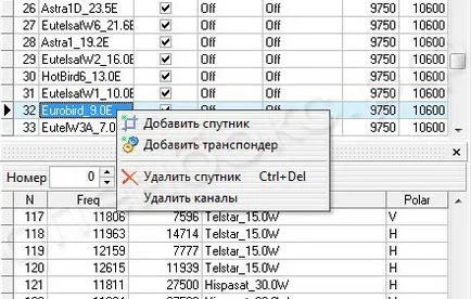 Редактиране на спътници, транспондери, канали, оборудването за проучване за получаване на сателитни