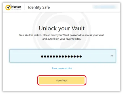 Nyitva a boltozat az eszköztár Norton Identity Safe