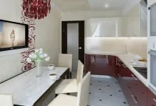 Burgundia bucătărie fotografie, de culoare albă, cu alții în designul interior, un blat de lucru gri, ton, pereți negri