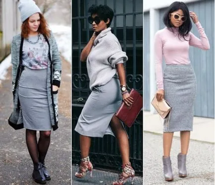 Какво да носят със сива пола и снимки на различни отрязъци по дължина идеи