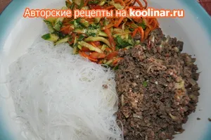 Bean vermicelli (funchoza) cu legume și carne tocată reteta cu fotografii