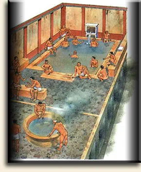 Római fürdő az ő faház, falazott kandalló
