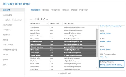 Engedélyezése és letiltása a postafiók-hozzáférési protokoll Exchange ActiveSync cserébe 2016