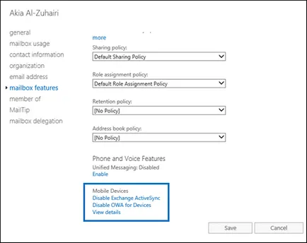 Engedélyezése és letiltása a postafiók-hozzáférési protokoll Exchange ActiveSync cserébe 2016