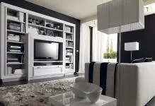 Fekete-fehér fotó a belső nappali, színek és minták fényes árnyalattal, egy elegáns lounge, a színek