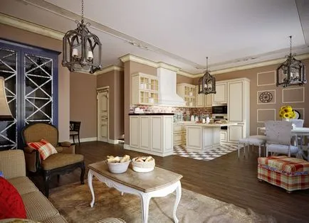 Bútor stílusában Provence a nappali, előszoba, konyha, hálószoba és fürdőszoba, gyönyörű belső terek és szobák