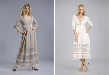 Модерни ленена рокля - с vyshyvkoy и дантела, както и пряка поле, риза и сива врана, трапец и халат за баня