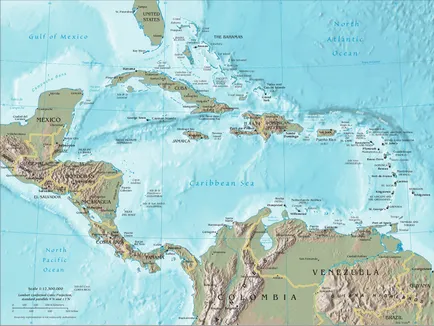 Karib-térkép - vezesse be a tengerek, óceánok és üdülőhelyek