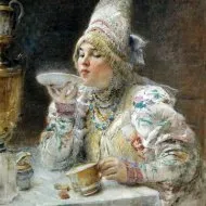 Descrierea imaginii Konstantin Makovsky lui „divinație de Crăciun pe mire“