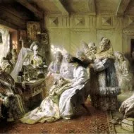 Descrierea imaginii Konstantin Makovsky lui „divinație de Crăciun pe mire“