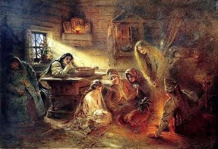 Descrierea imaginii Konstantin Makovsky lui „divinație de Crăciun pe mire“