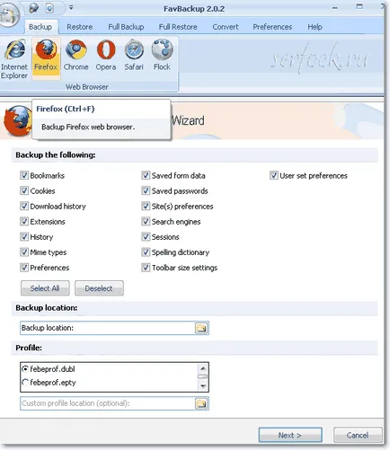 favbackup program de backup pentru Opera, Internet Explorer, mozilla firefox, crom,