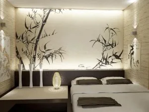 Спалня в японски стил на интериорния дизайн и елементи от дизайна снимка