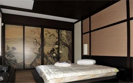 Спалня в японски стил на интериорния дизайн и елементи от дизайна снимка