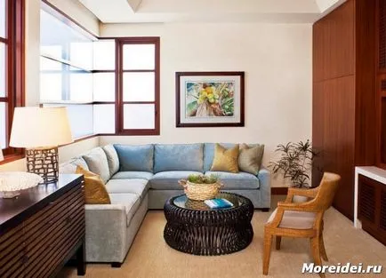 A design egy nappali, egy sarok kanapé jobb forma és szín kiválasztása