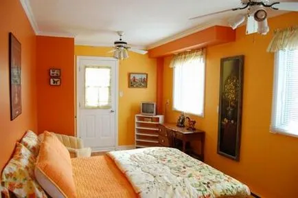 Orange dormitor, design interior, pardoseli, pereti, textile, accesorii, exemple de fotografii și video, toate