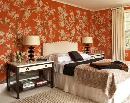 Orange dormitor, design interior, pardoseli, pereti, textile, accesorii, exemple de fotografii și video, toate