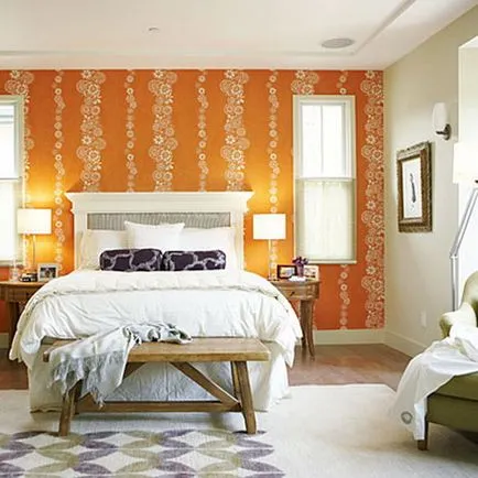 Orange dormitor, design interior, pardoseli, pereti, textile, accesorii, exemple de fotografii și video, toate