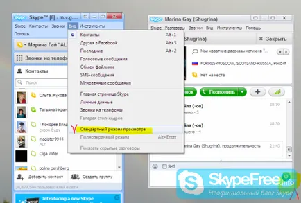 Skype е разделен на 2 прозорци, които правят