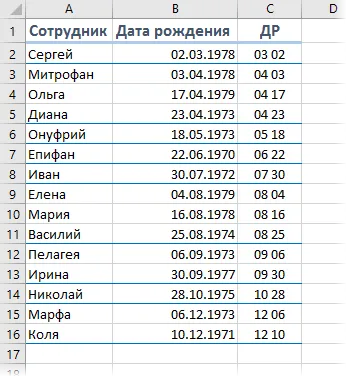 Сортиране рождени дни