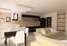 Corner elegáns nappali, egy fotó, derékszögű design a lakás, a lehetőségek a mini-polcok, fal és