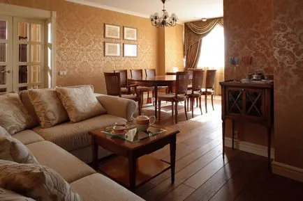 Corner elegáns nappali, egy fotó, derékszögű design a lakás, a lehetőségek a mini-polcok, fal és