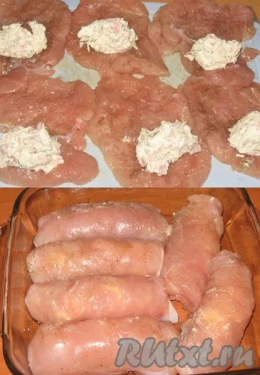 Csirke tekercs túróval, sonka, fokhagyma és gyógynövények - recept fotókkal