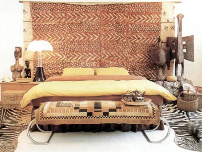 Hálószoba afrikai stílusban, belsőépítészet, a padló, a falak