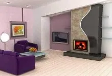 TV над вътрешността на огнище на една от стените, дадена снимка като вися, стойка и на стената на стаята, вграден
