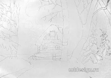 Cum de a desena o casă în creioane din lemn de iarnă, pictează etape
