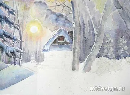 Cum de a desena o casă în creioane din lemn de iarnă, pictează etape