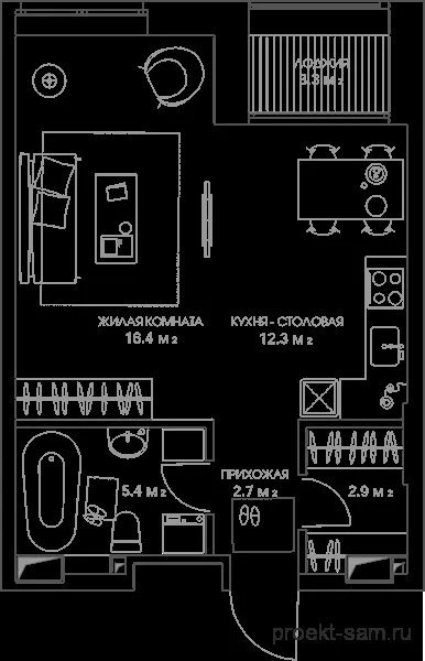 Разпределение студио - цялостни планове и чертежи с размери