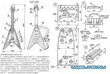 Домашна електрическа китара с неговите ръце чертежи, схеми