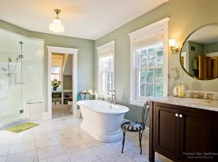 Zöld fürdőszoba és belső design, kombinált szabályok és design, zöld