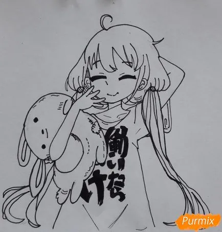 Cum de a desena o fata anime cu un iepure de jucărie în mâinile