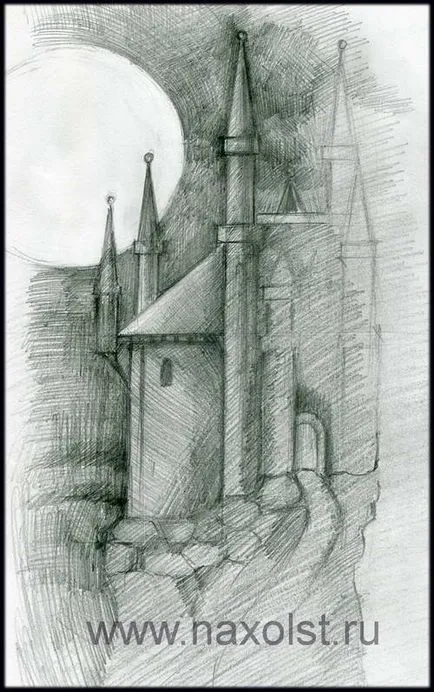Как да се направи рисунка с молив постепенно изтегляне замък върху платно