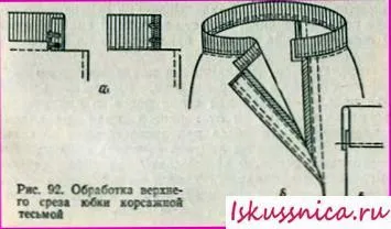 Feldolgozása felső szélén a szoknya, varrás