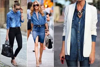 Ce să porți cu o cămașă de denim de damă. Fotografie, imagini gri, negru, alb, albastru, cu maneca scurta, lunga, fusta creion. funde de modă