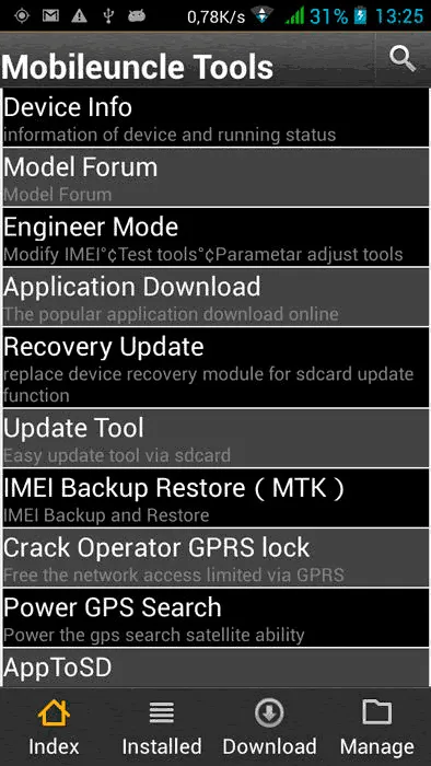 Meniul Inginerie pe Android
