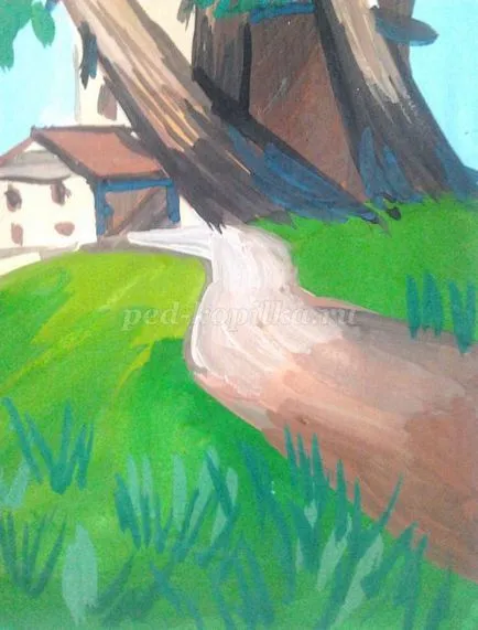 Desen etape peisaj de primăvară (arbori prim-plan) Desen etape peisaj de primăvară