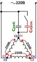 Cablare pentru un motor monofazat 220 prin intermediul unui condensator (schemă) Schemă de conexiuni pentru motoarele monofazate cu 220 de volți peste condensator